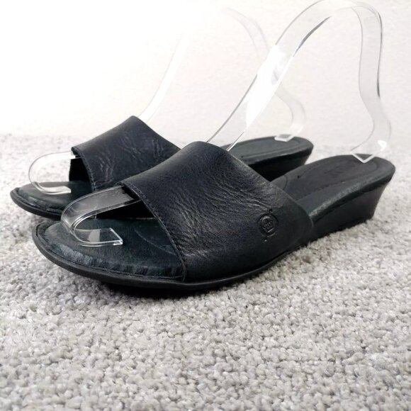 Born Sandals Womens Size 9 Shoes Slip On Black Soft Leather Wedge Open Toe - Picture 1 of 8